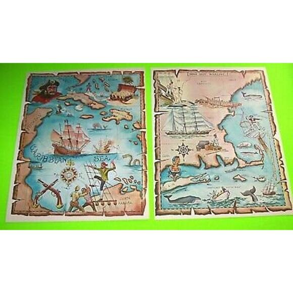 Lot Of 2 Art Prints Treasure Maps Pirate Ships Sea Monsters Ocean Whale Nautical - Picture 1 of 4